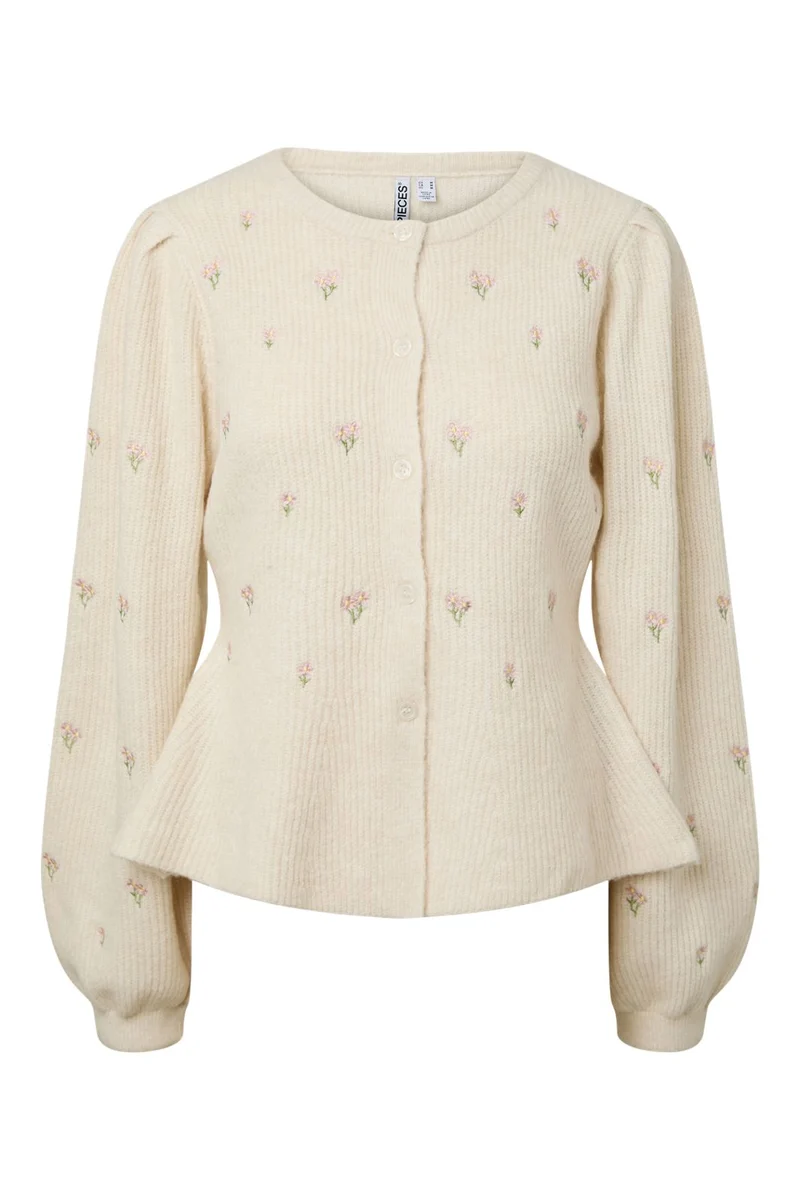 Pieces - Pcsilly Ls Puff Knit Cardigan Emb - 5115989 Birch Embroidery