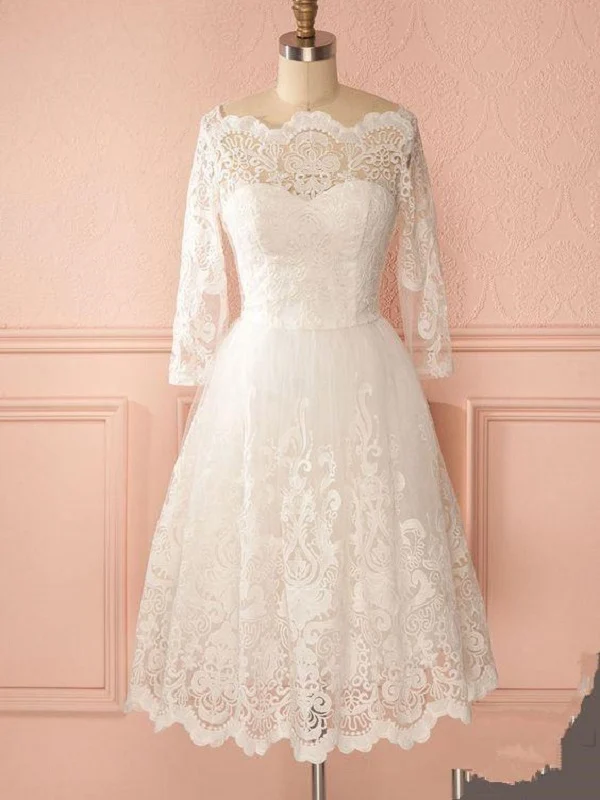 Retro 50s Off the Shoulder Lace Kort vintage bröllopsklänning med långa ärmar