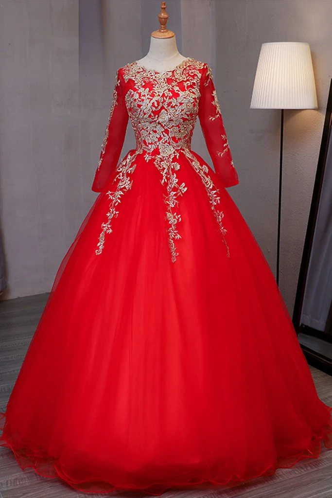Långärmad Röd Puffy Sweet 15 Dress Quinceanera Dress