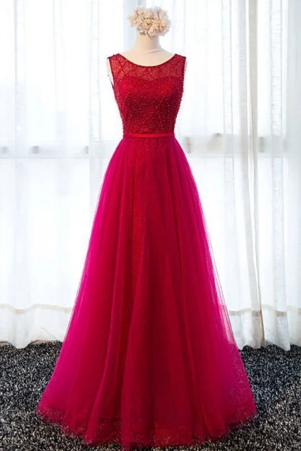 Bateau Neck Röd Tyll Modest Prom Dress