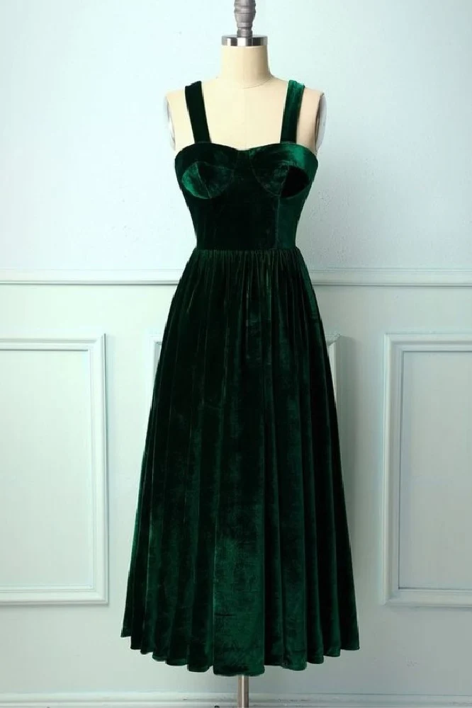 Vintage Emerald Green Velvet Tea Längd Formell Klänning Balklänning