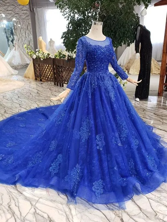 Cathedral Train Royal Blue Princess Balklänning med ärmar