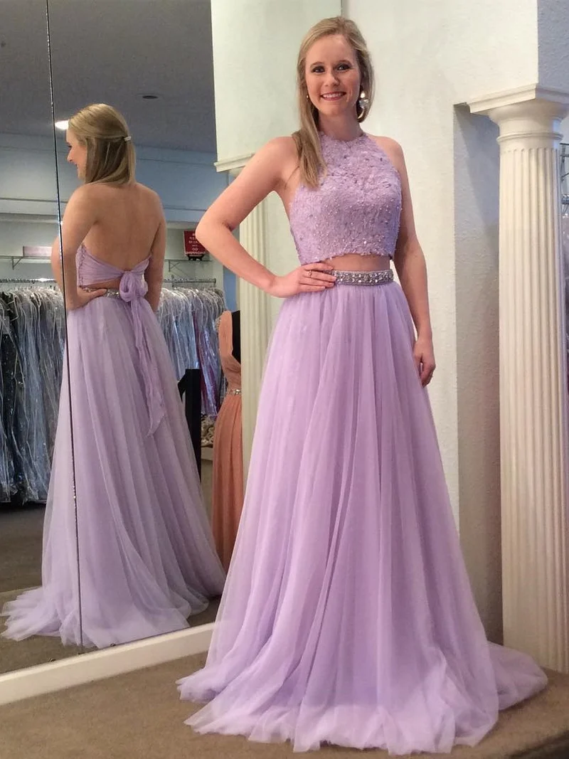 Lila tvådelad grimma Spets Top Prom Dress Graduation Dress