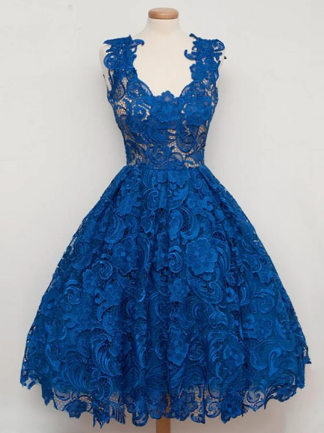 Royal Blue Lace Vintage Style Kort balklänning Vintage Homecoming Dress