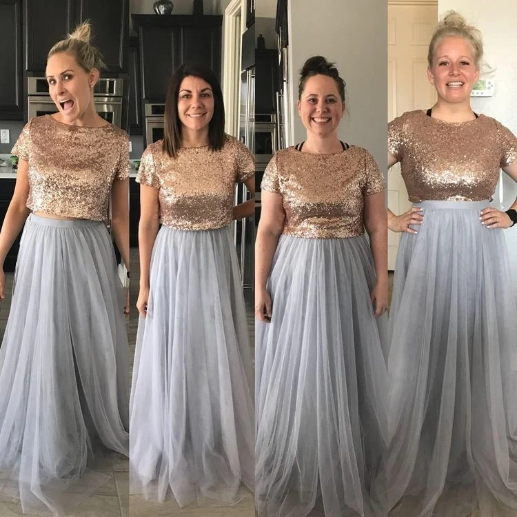 Boho Rose Gold Top med grå tyllkjol Tvådelad långa brudtärnaklänningar