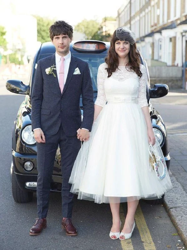 Rockabilly Hochzeitskleider 50er Jahre Hochzeitskleid Te Lång Bröllopsklänning med ärmar
