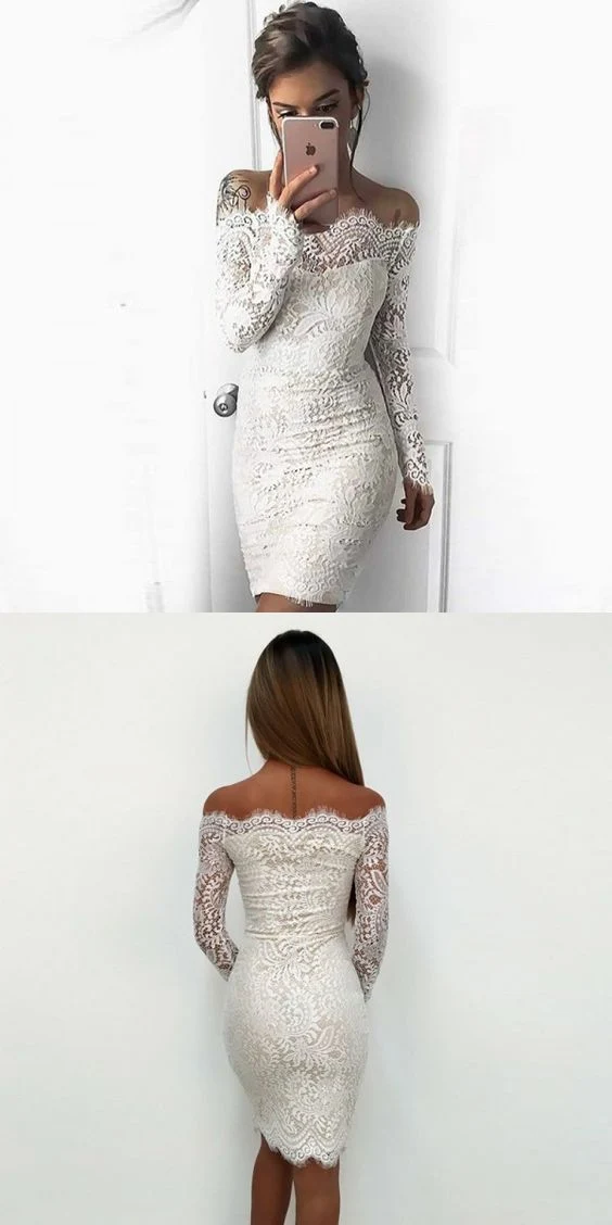 Short Off The Shoulder Lace Tight Bodycon Vit balklänning med långa ärmar