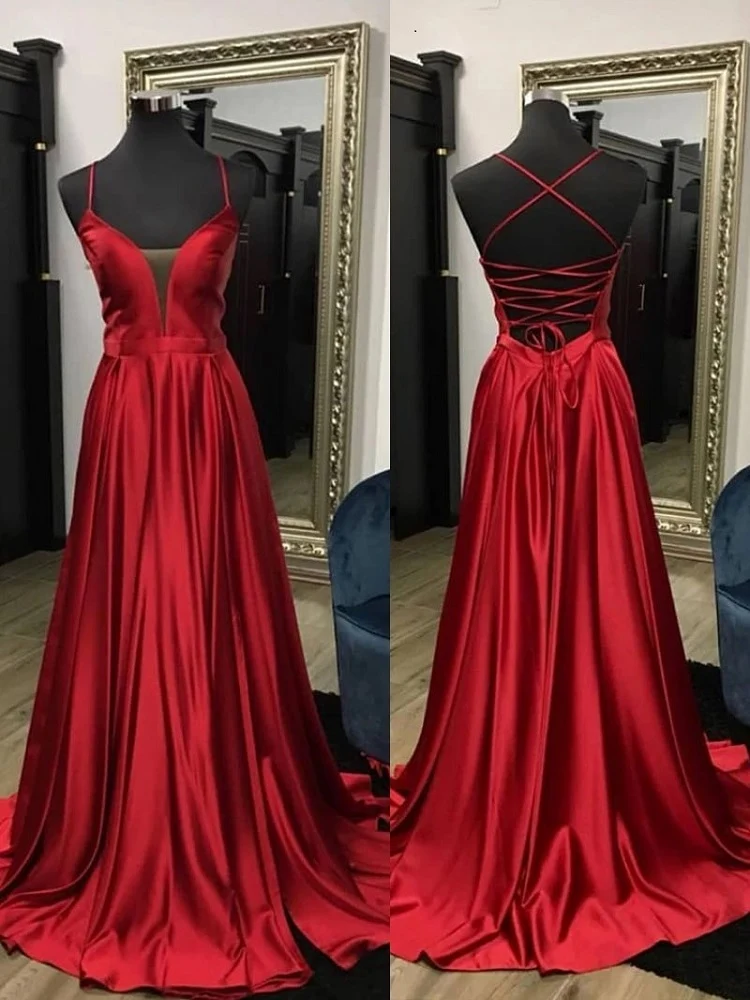 Elegant röd satin rygglösa korsbandsremmar Prom Dres