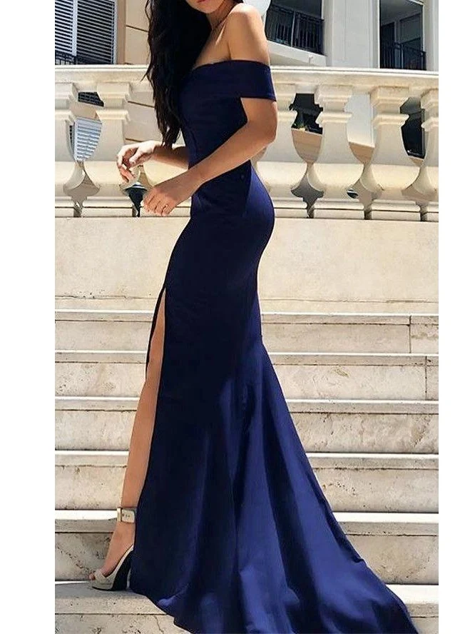 Marinblå fantastisk off the Shoulder Bodycon balklänning med slits