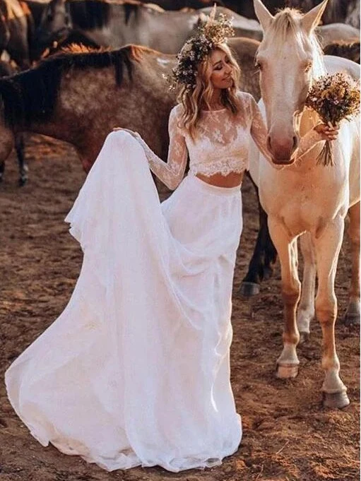 Prisvärd Casual Långärmad Spets Topp Bridal Separater | Rustik 2-delad Crop Top Bröllopsklänning