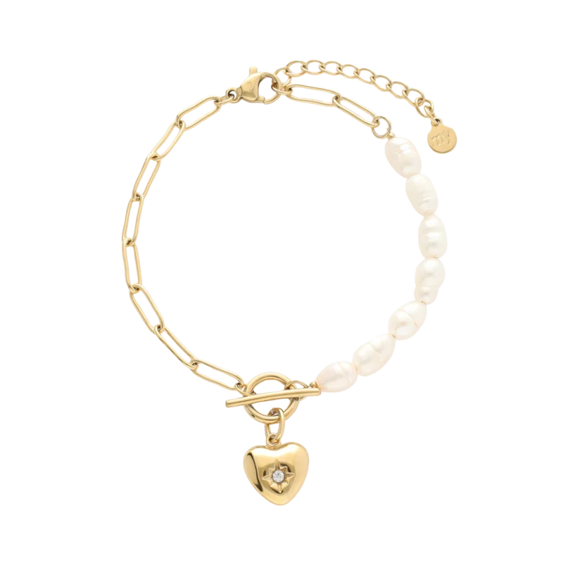 Bracelet Chain Pearls Heart Charm - Gold