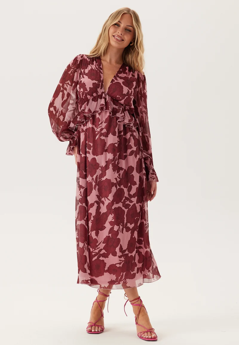 Frill L/S Chiffon Midi Dress