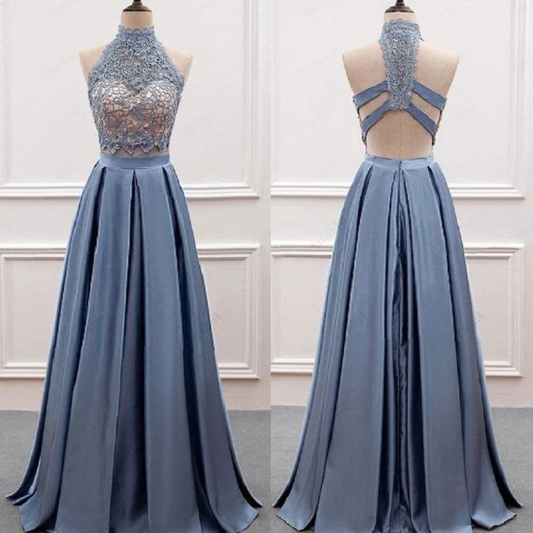 Dusty Blue Tvådelad Spets Topp Halter Neck Balklänning| Avslutningsklänningar för årskurs 8