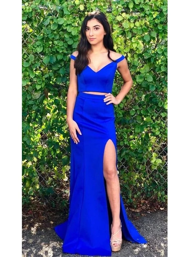 Royal Blue Off the Shoulder Tvådelad lång formell balklänning