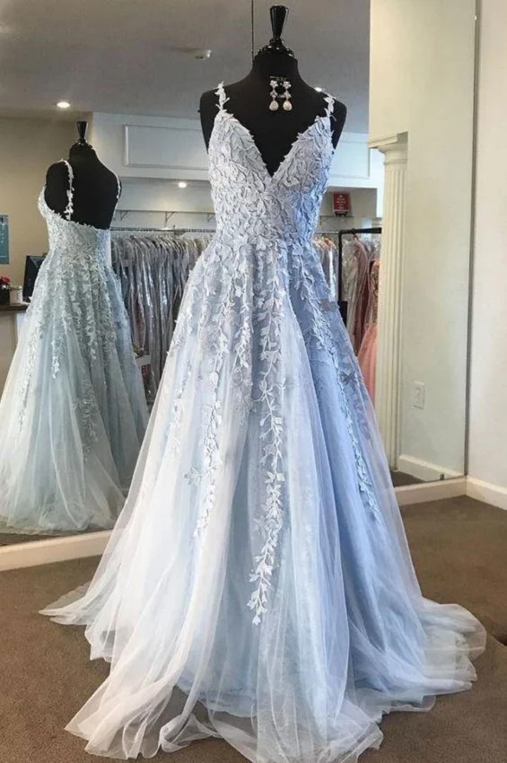 Fairy Light Blue Lace Appliques Tyll A-linje lång balklänning