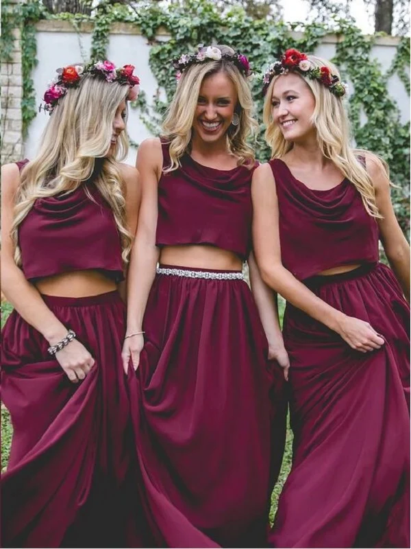 Flowy Boho Burgundy Tvådelad Chiffong brudtärnaklänningar