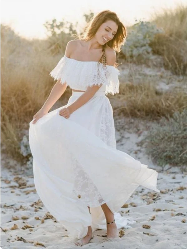 Beach Flowy Off the Shoulder Tvådelad spetsbröllopsklänning | Casual Bridal Separations