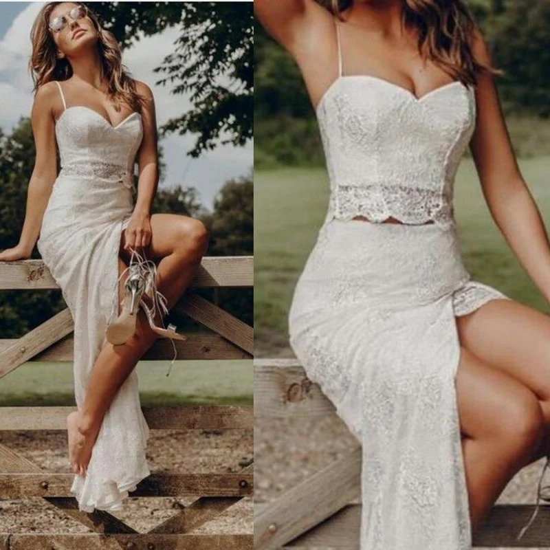 Boho Country Style Summer Spets Tvådelade Spaghetti Remmar Brud Separerar med slits