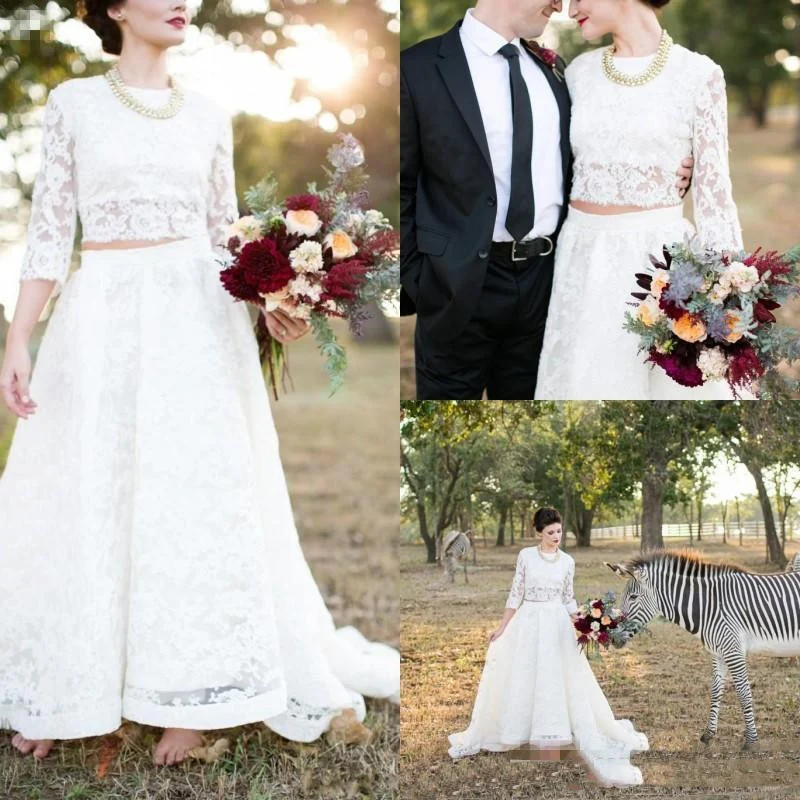 Country Style Modest Lace Långärmad Spets Tvådelad Bröllopsklänning | Bridal Separat långärmad topp