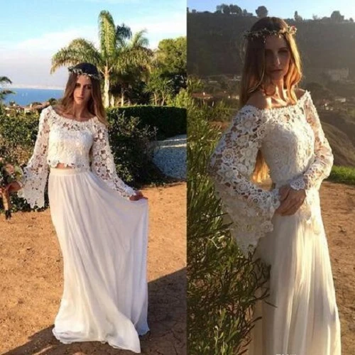 Casual Beach Långärmad 2-delad Bridal Separater | Boho tvådelad bröllopsklänning