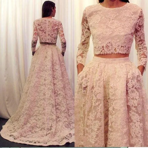 Elegant spets långärmad Modest tvådelad brud som separeras med fickor