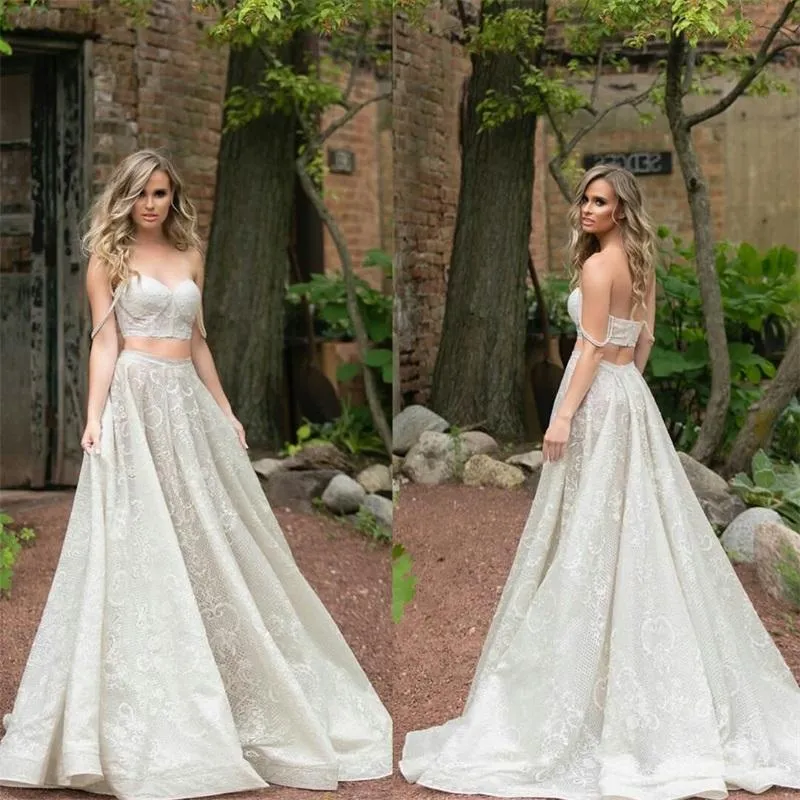 Modern Trendig Spaghetti Strapes Crop Top Bröllopsklänning | A-linje Prisvärd spets Bridal Separater