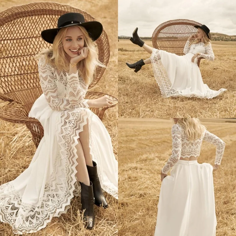 Unik lantlig stil flytande tvådelad spetsbröllopsklänning Boho Brudseparerar