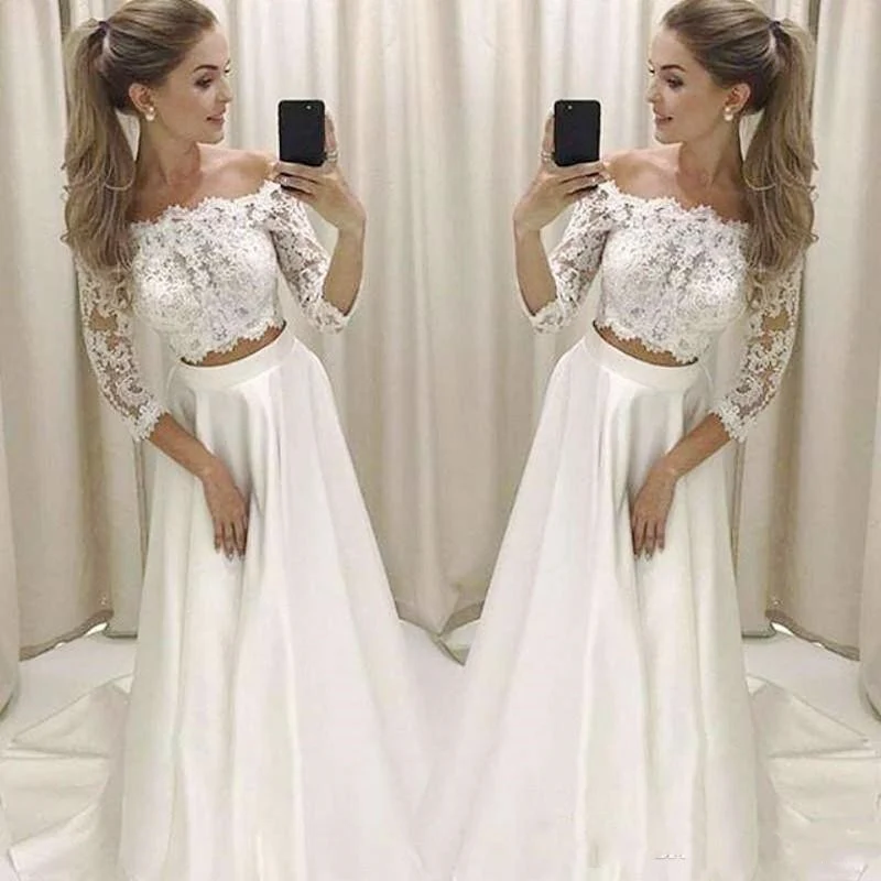 Modern Off the Shoulder Långärmad Crop Top Bröllopsklänning