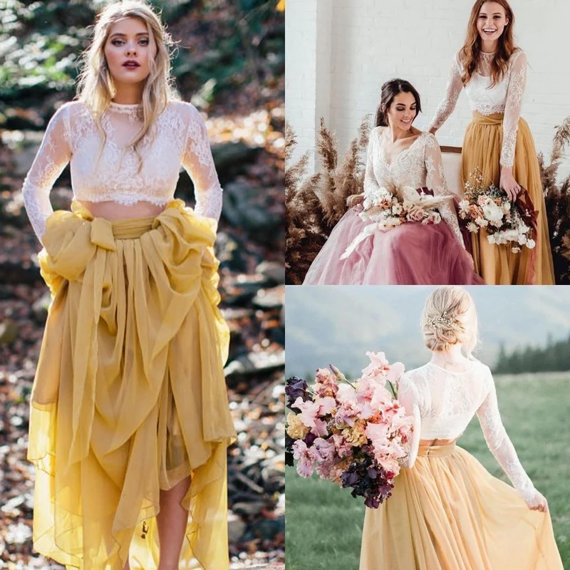 Boho långärmad höghalsad brud som separeras med gul separat kjol