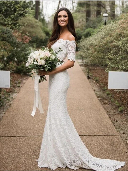 Mermaid Lace Off The Shoulder Tvådelad Bröllopsklänning Prisvärd Brudseparationer online