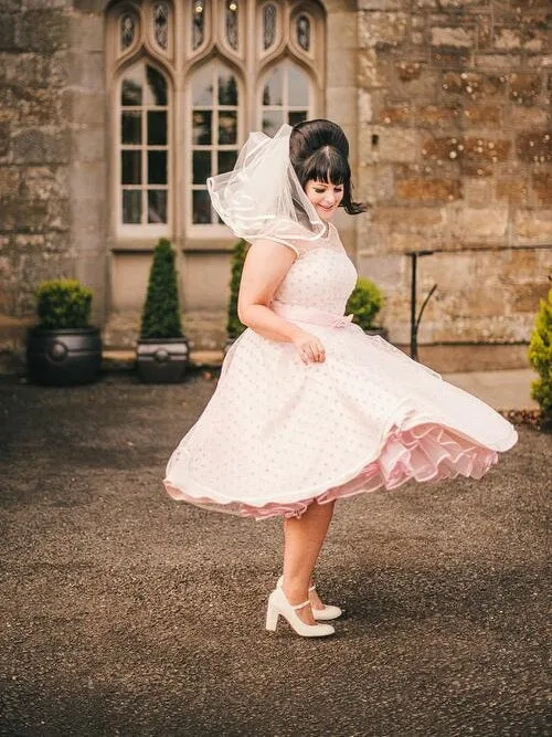 1950-talet Vintage Kort Rosa Polka Dot Retro Bröllopsklänning Te Längd