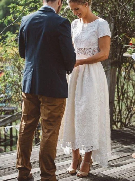Bohemian Kortärmad Spets Tvådelad Hi-Lo Crop Top Bröllopsklänning