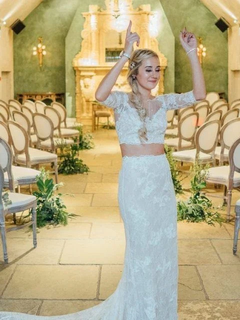 Rustik långärmad spets i två delar bröllopsklänning Crop Top med domstol tåg