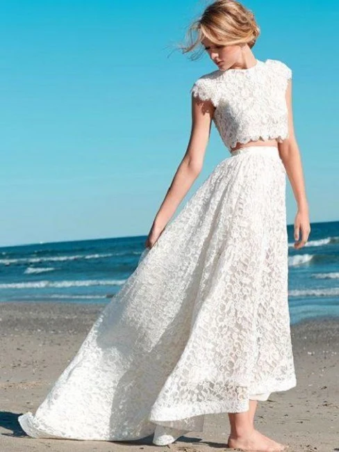 Elegant Kepsärmar Tvådelad Crop Top Spets Boho Hi-Lo Bröllopsklänning
