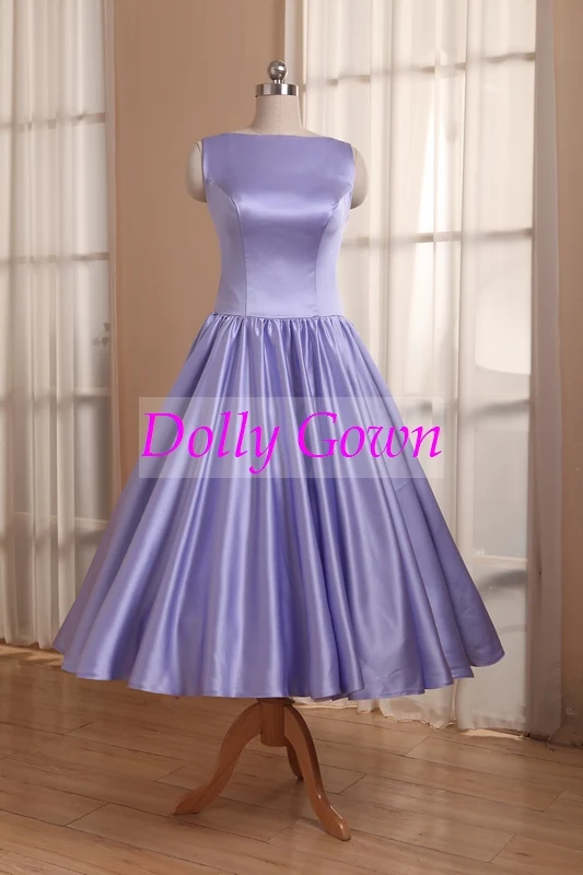 Lavendel te Längd Satin Bateau Neck Vintage Country Bridesmaid Klänningar