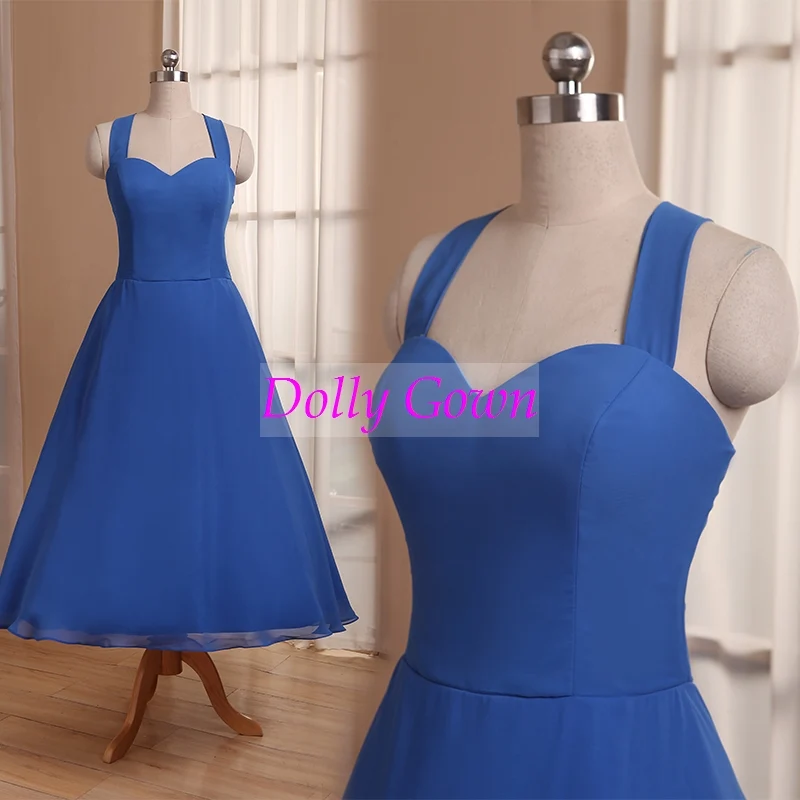 Royal Blue Tea Längd 50-talsstil Vintage 1950-tal brudtärna klänningar