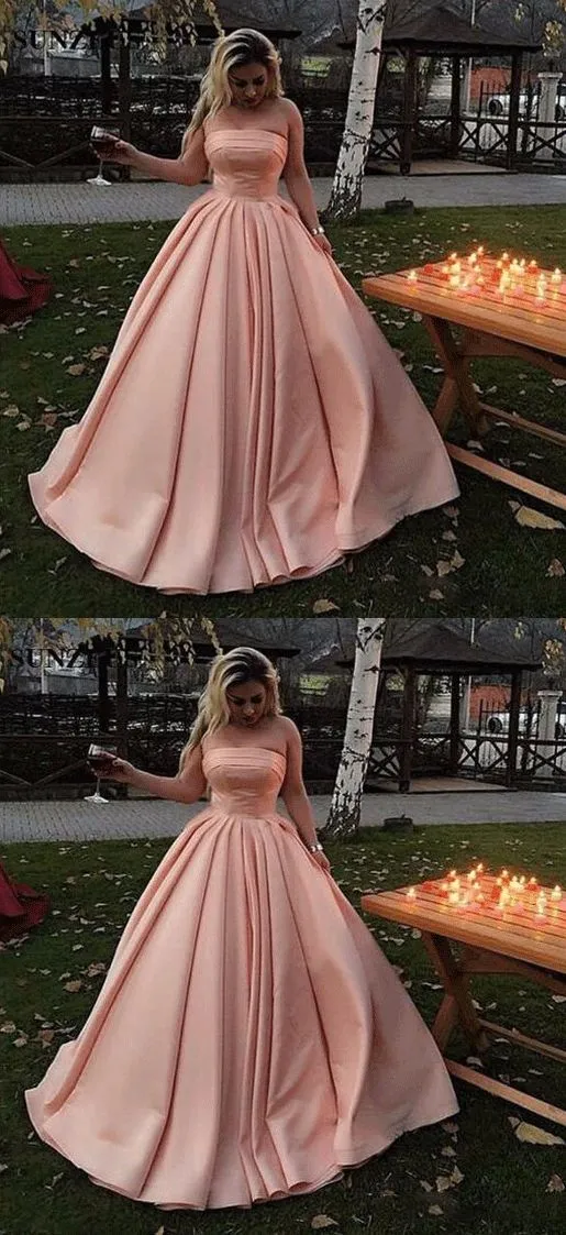 Blush Rosa rakt över halsen A-linje satin enkel lång balklänning | Graduation Dansklänning