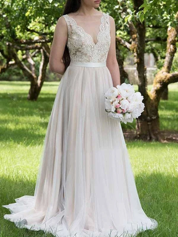 A-linje V-ringad Spets Top Country bröllopsklänning med tyllbotten | Vestido de novia