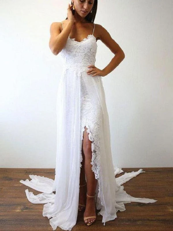 Boho Beach Flowy Chiffong Spaghetti Straps Bröllopsklänning med sidoslits