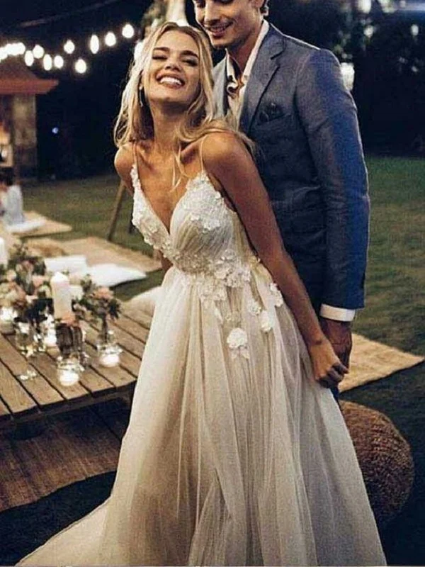 Bohemian Backless V-ringad Vacker Bröllopsklänning | Boho Tulle Brudklänning
