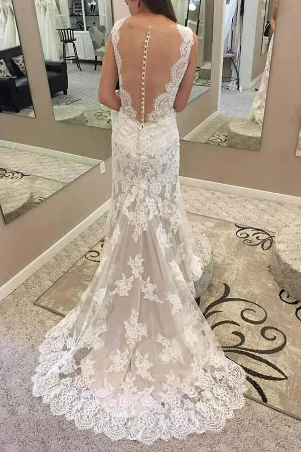 Modest Spets Jewel Neck Sjöjungfru Bröllopsklänning Brud Vestido de Novia GDC1267