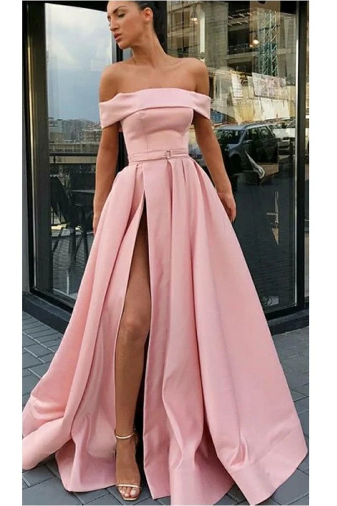 Rosa Off Shoulders Satin lång balklänning med slits