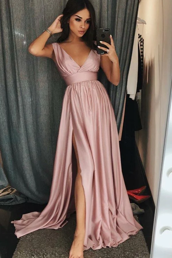 Dammrosa V-hals Flowy Prom Dress med hög slits