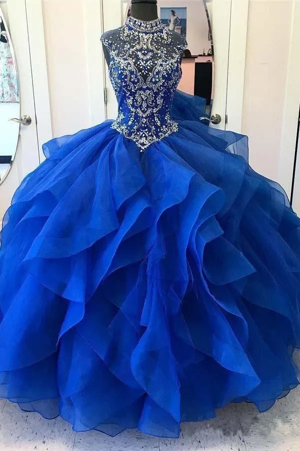 Kungsblå Grimma Volanger Glittrande Balklänning Quinceanera Klänningar