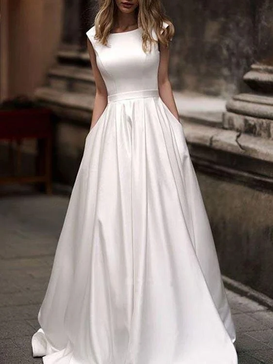 Lång vintage Bateau Neck Modest Satin Bröllopsklänning med fickor
