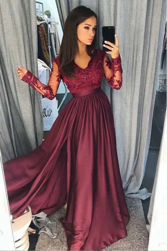 Custom Modest Burgundy Långärmad balklänning | Vacker festklänning