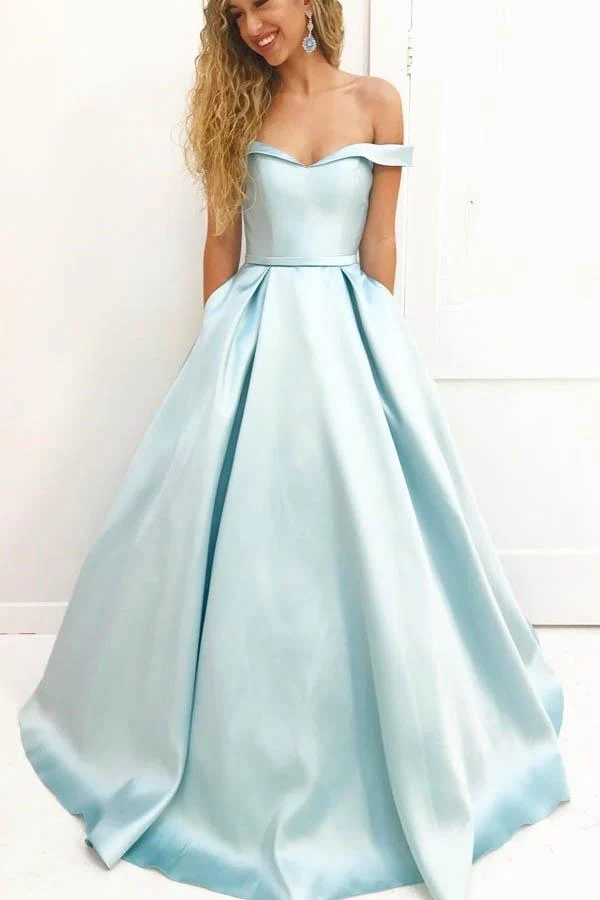 Blekblå A-linje Satin Off Shoulders Lång Balklänning | Enkel Sweet 16 Klänning
