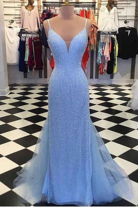 Blue Dazzling Beading Sheath Balklänning | Formell examensklänning