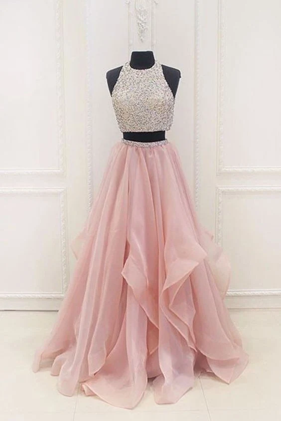 Bländande Halter Organza Rosa Tvådelad lång balklänning Graduation Sweet 16 Dress