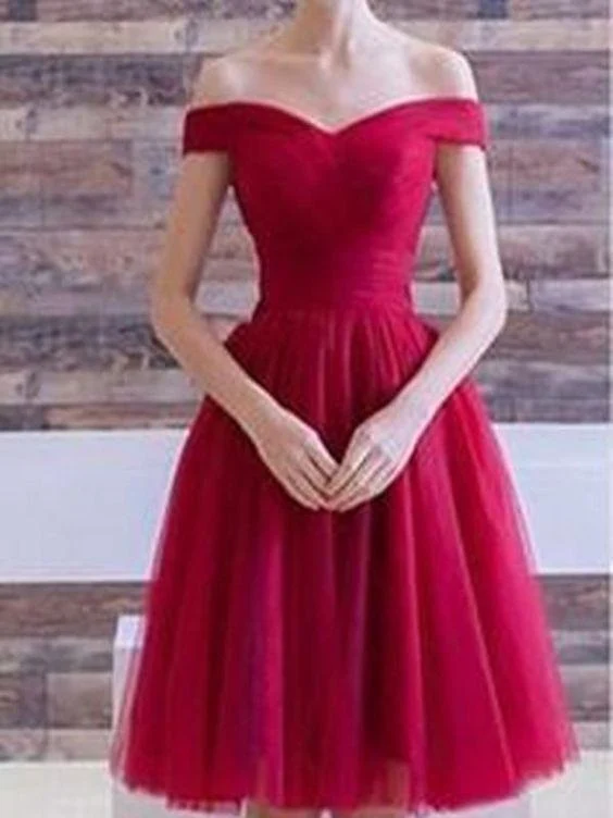 Röd Off the Shoulder Tyll Kort Prom Dress Röd Hemkomstklänning